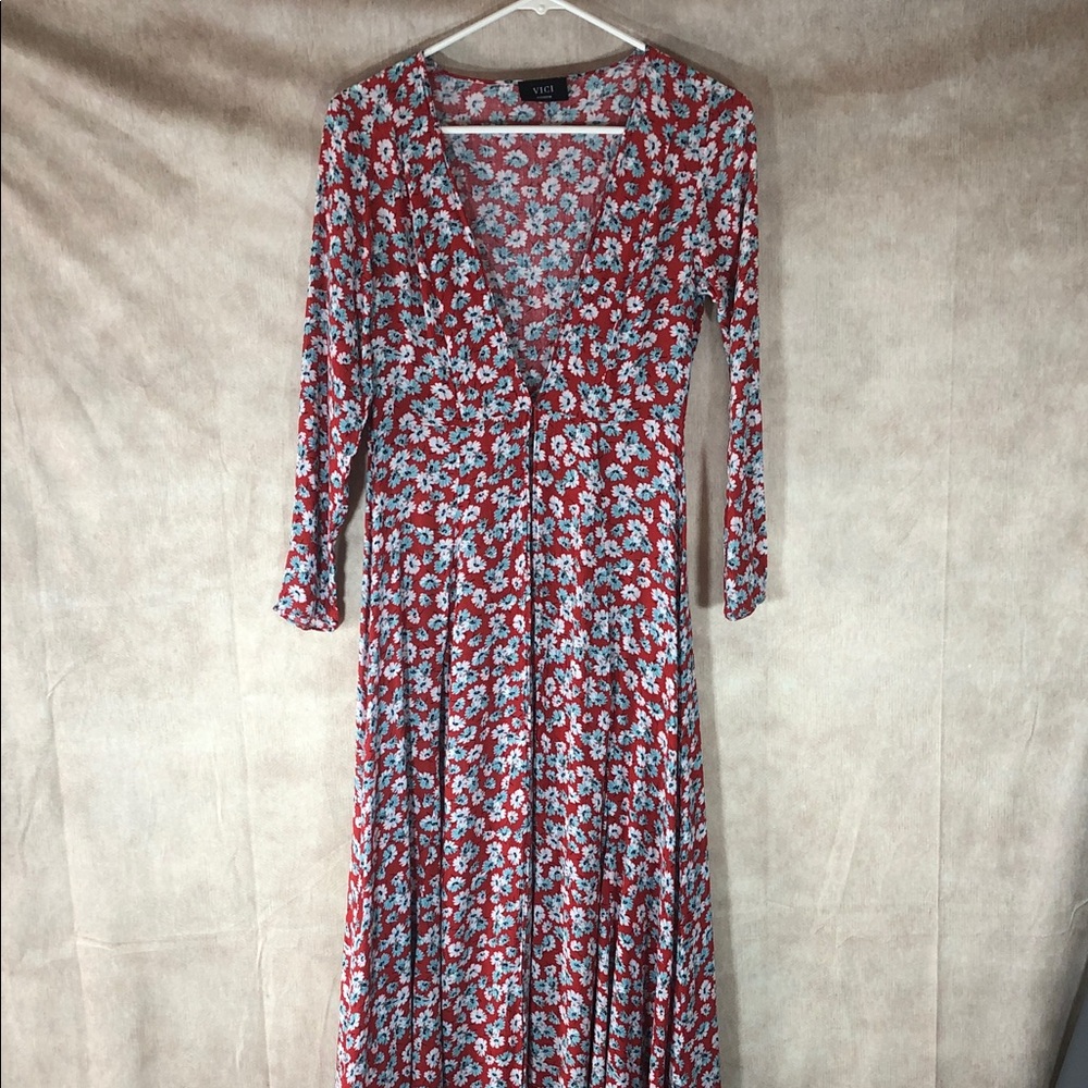 Vici Long Sleeve Red and Blue Maxi Floral Coverup with asymmetrical hemline